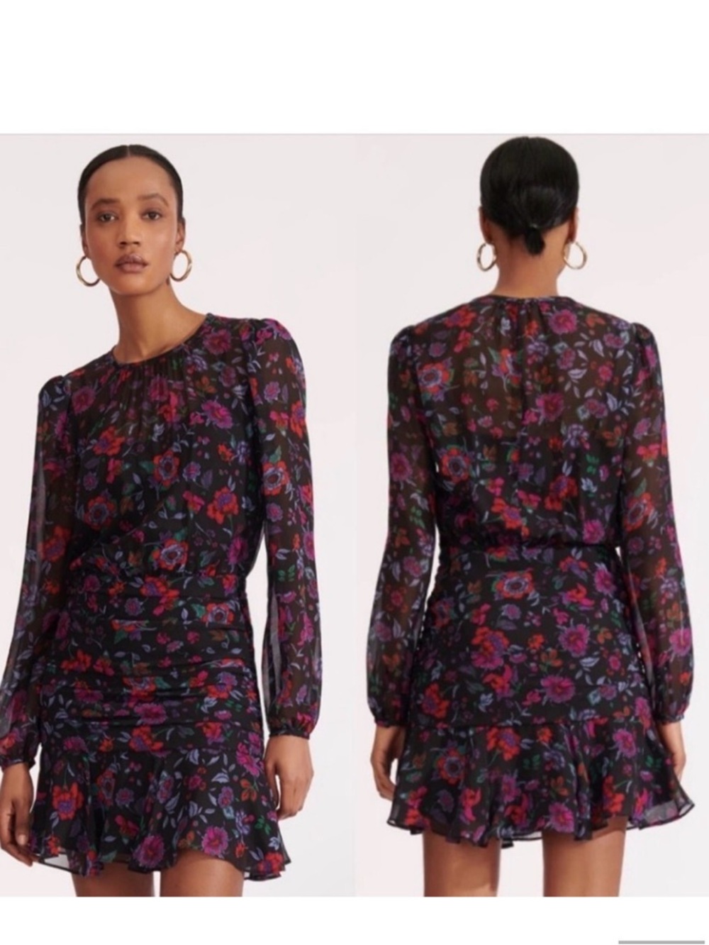 Veronica Beard Robin Silk Floral Mini Dress Long Sleeve Ruffle Ruch Black sz 10